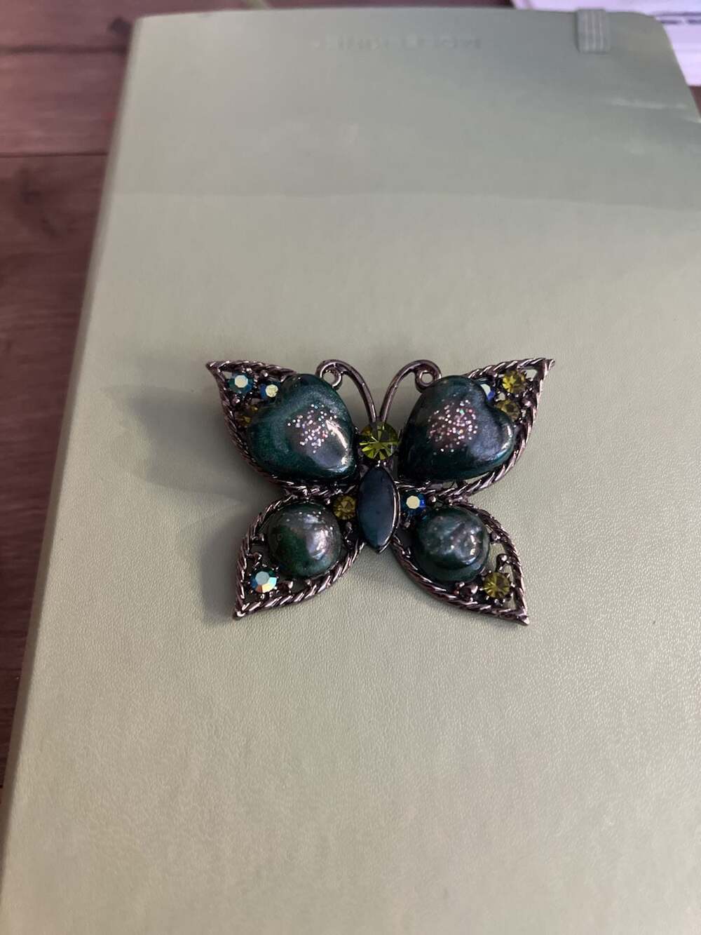 Vintage Butterfly Brooch Green Rhinestone Glitter 2" Dark Metal